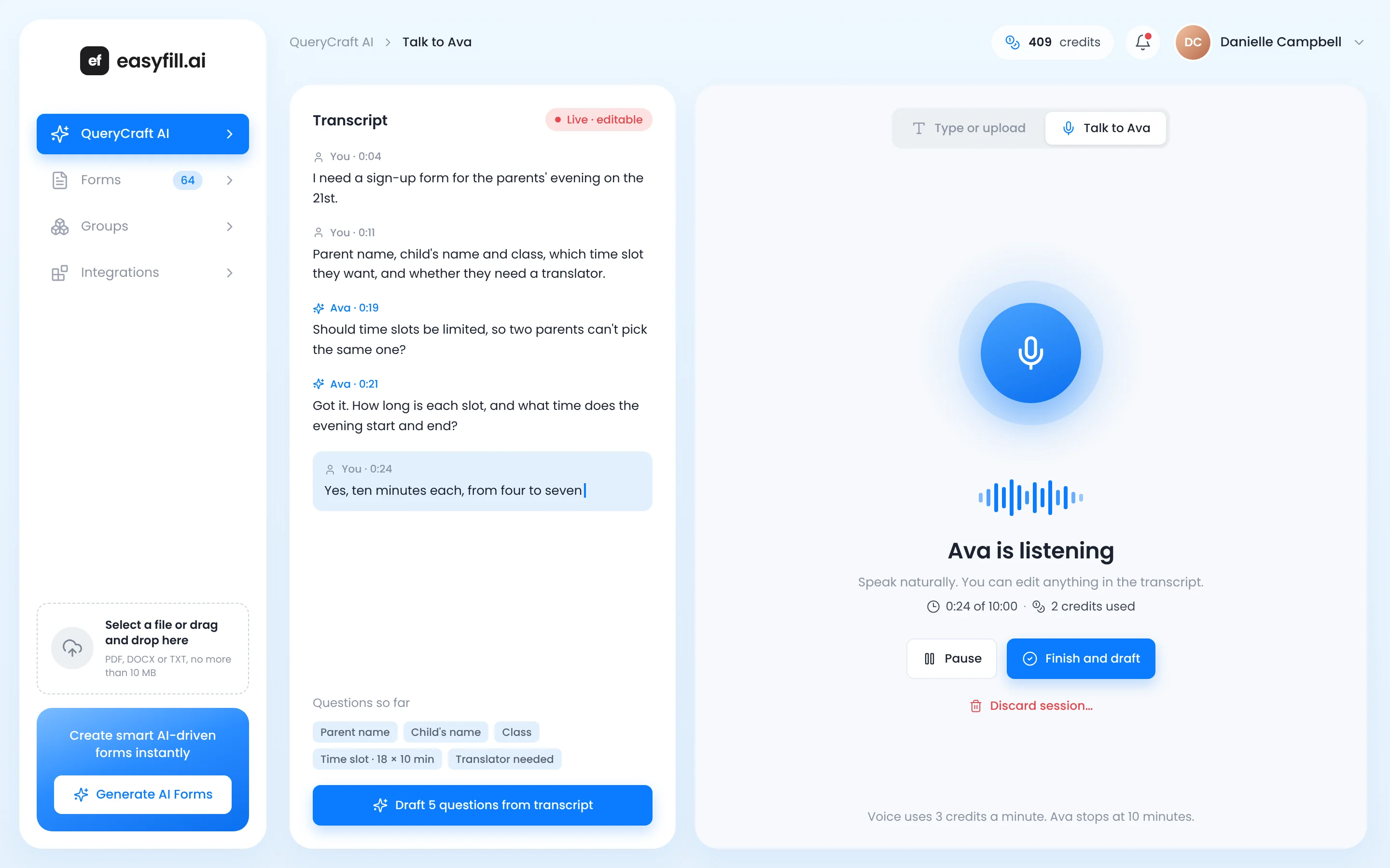 Talk to Ava: an editable live transcript, the fields Ava has picked up so far, and the credit cost of every minute.