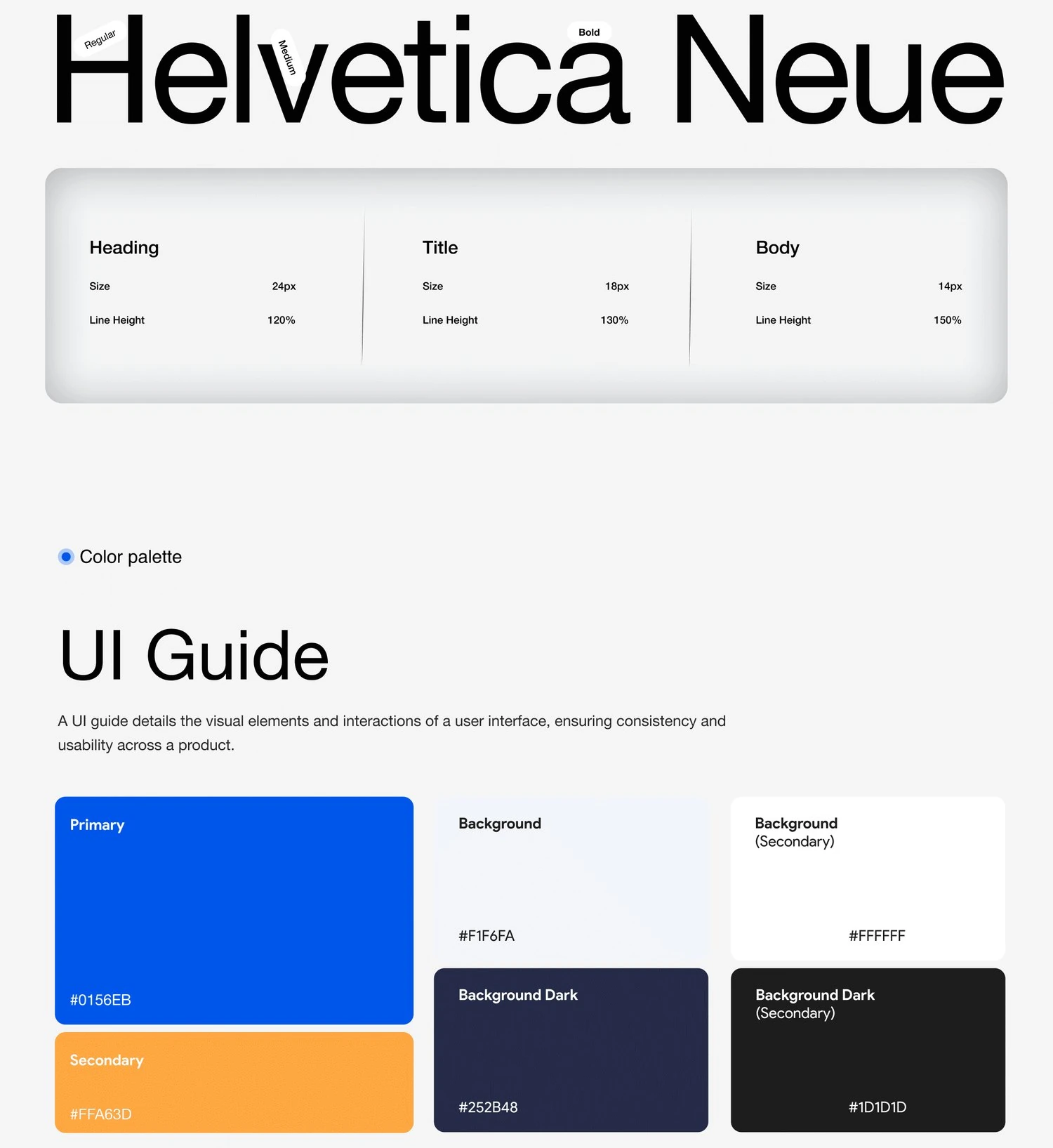 UI guide: Helvetica Neue type scale, an electric-blue primary and an amber secondary.