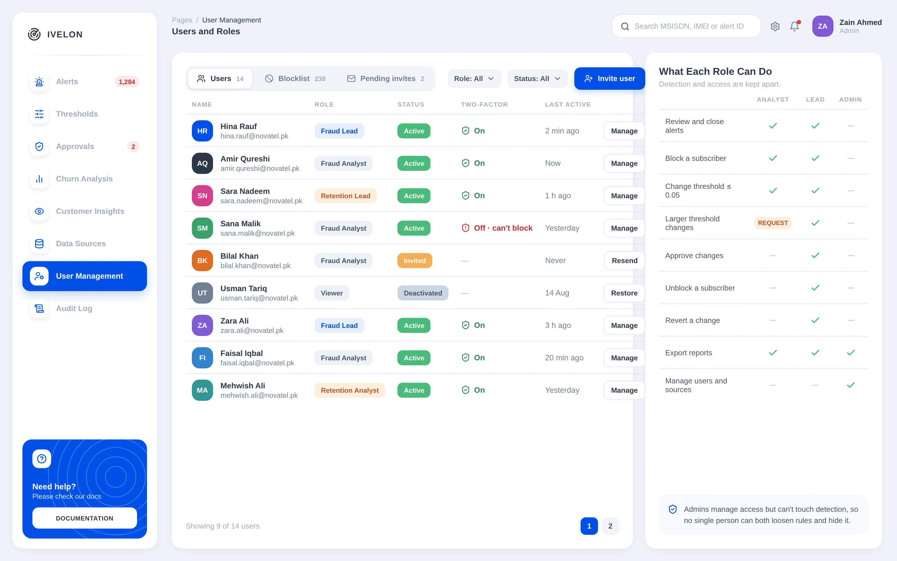 Users and roles, with what each role can do. Admins manage access but can't change detection.