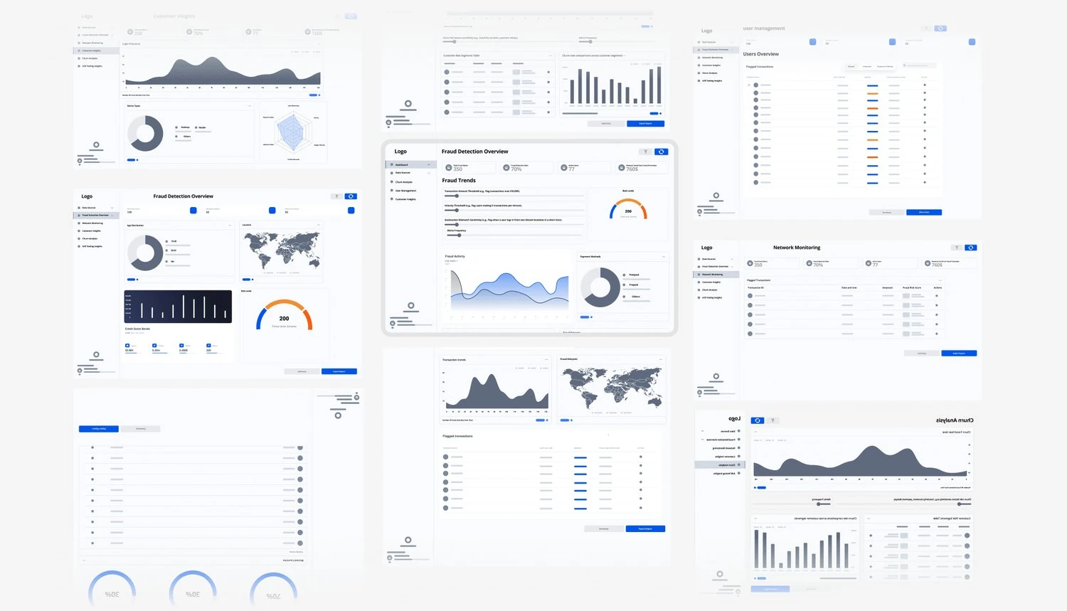 Wireframes: users overview, fraud detection, trends and network monitoring.