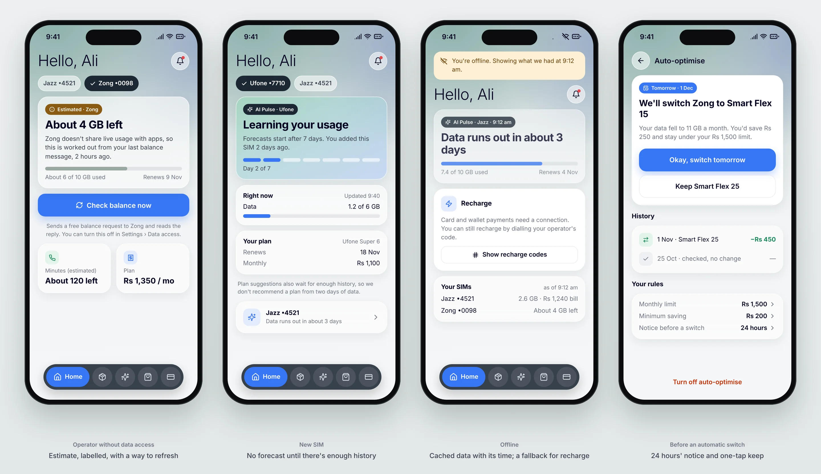 The states that make it hold up: an operator that shares no live data, a new SIM with too little history, no connection, and notice before any automatic switch.