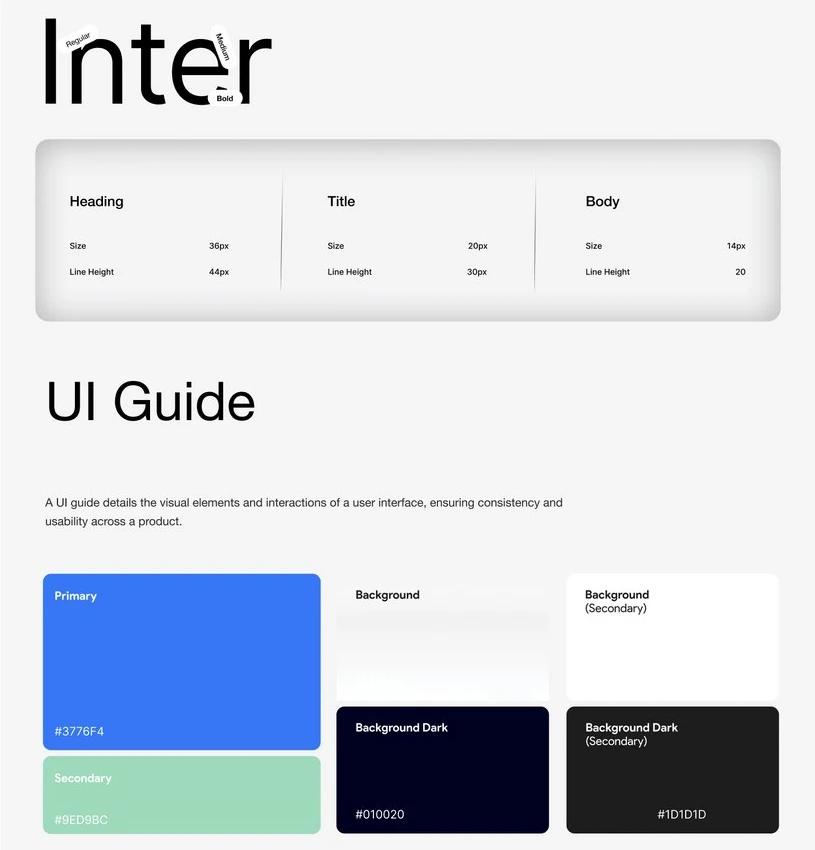 UI guide: Inter, a blue primary and a mint secondary.