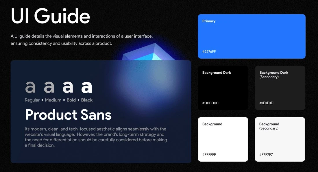 UI guide: Product Sans in four weights, #2276FF on a black and near-black base.